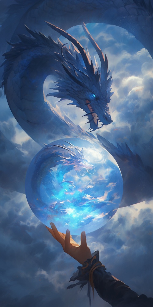 画一系列的蓝色龙宝，抱着球球，在云端出现
