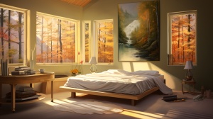 瑜伽床，spa床，壁炉，窗边上有床，暖光白，画对没有太多阴影，明亮色调，窗外是森林，简约，温暖，治愈，暖暖的，治愈温馨的，情感的，柔软的，大自然的，广角镜头 -sdxl -幻想艺术