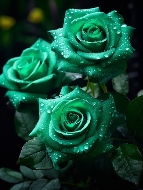 翠绿的玫瑰花，饱满含苞蓓蕾，芳香花瓣上洒落着晶莹的露珠，微光倾洒下从每一个细节绽放，如世界的绝美之颜。