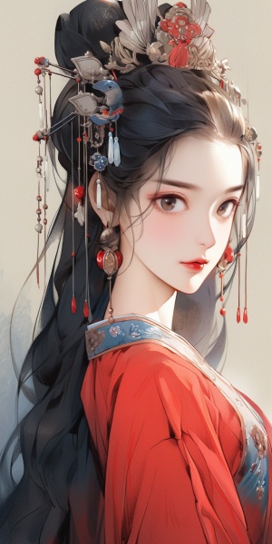 Close-Up of Ancient Chinese Beauties in Red and Blue Dress