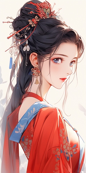 Close-Up of Ancient Chinese Beauties in Red and Blue Dress