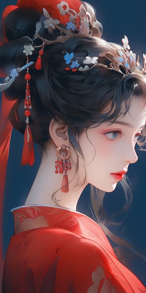 Close-Up of Ancient Chinese Beauties in Red and Blue Dress