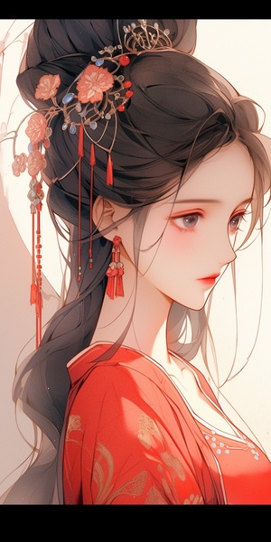 Close-Up of Ancient Chinese Beauties in Red and Blue Dress