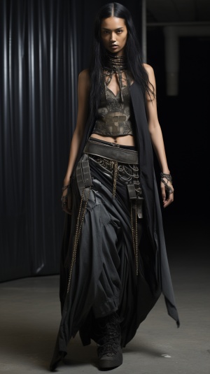 dark baggy grey silk and leather designer outfit with stitch work, female hispanic indian model, showing skin, black and white and gold stitches, sharp angular desiged jewerly, aztec plant pattern embroidery, mexican rennaissance and greek design patterns, inspired by kanye west, rick owen, chrome heart, Julien David, comme des garsons, virgil abloh, and desginer fashion, on a catwalk, catholic nun and priest fashion