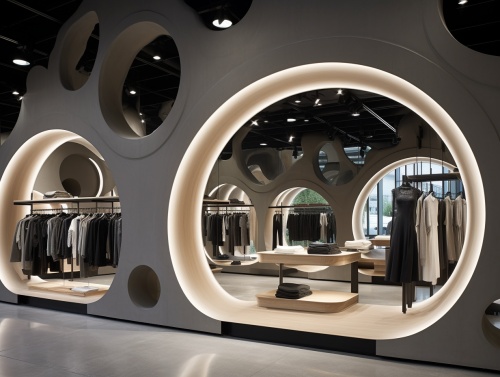 Design a clothing store with a sense of design, uniqueness, highlights, and modernity, approximately 70 square meters, and a storefront design