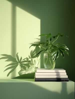 绿色植物和书本，表面上的空白3d渲染，在单色艺术品的风格，充满活力的后现代主义，horst p. horst，彩色摄影，艺术家的框架，发光的阴影