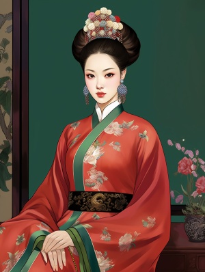 红绿服装亚洲女人动画, 中国画风名人肖像贵族描绘