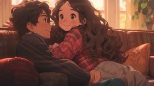 A cute and beautiful little girl, with fair skin, big black eyes, and long curly hair. She looks straight ahead and is wearing a skirt, sitting on the sofa. With a cute boy, couple, in love, sweet. Beautiful and romantic. Happiness is hazy, dreamy, and cinematic.