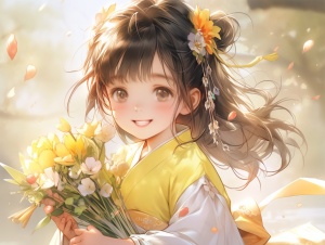 一个九岁的中国女孩穿着一件浅黄色的汉服，非常可爱，长着一张可爱美丽的圆脸。她在奔跑，旁边还有美丽的花朵，自信，迷人，CG渲染，CG渲染- niji 5