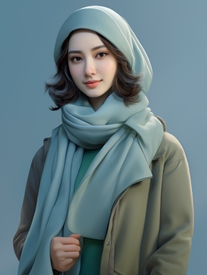 一个女人穿着浅蓝色外套和白色围巾，风格逼真逼真的人物，纯色，工笔，浅绿色，深米色，暖芯，闪闪发光