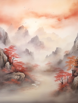 中国山水画中的金色树林与灰红山体