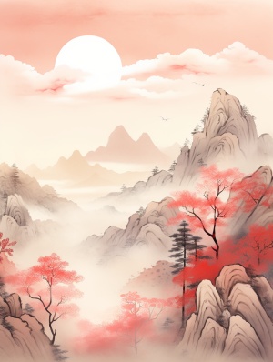 中国山水画，浅金色树林，红色和灰色山体，意境，写意山水，透明质感，清透画面，发光效果，渲染，弥散渐变