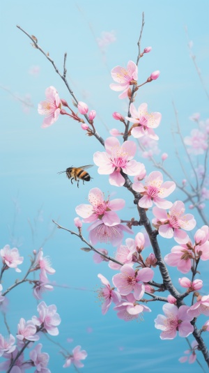 蔚蓝天空下的溪水边桃花花瓣上的小蜜蜂极高画质