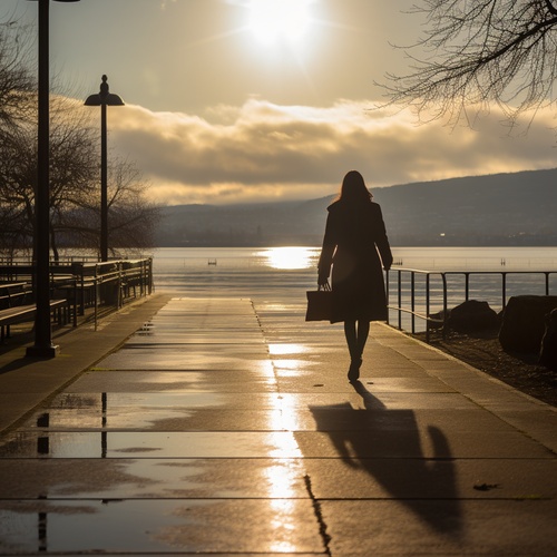 lady walking by the lakeside in the city, CREPUSCULAR RAYS,shot on a sony mirror less camera,DSLR,85MM LENS F4,