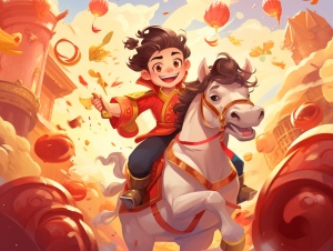 中国新年海报与卡通人物骑马、财神及其他灵感插图