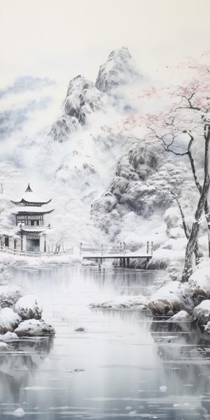 中国水墨画，冬天的森林，远处有大山，雾凇美景，大雪飘落，古亭在美景下显得格外宁静，小湖结冰