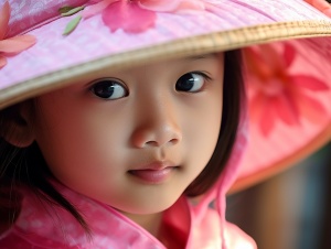 一个穿着粉红色裙子戴着帽子的孩子的特写，传统泰服装，传统中国服装，传统服装，传统中国，传统服装，传统服装，中国服装，中国服装，泰服装，与古代中国服装，真实的服装，高品质的戏剧服装，穿着真实的服装，优质的服装，中国女孩，传统，部落服装