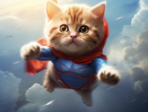 一只可爱的小猫穿着超人的服装在天上飞，瞳孔变圆，细节清晰