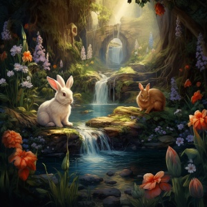 森林中的小兔与工作人员的瀑布对话
