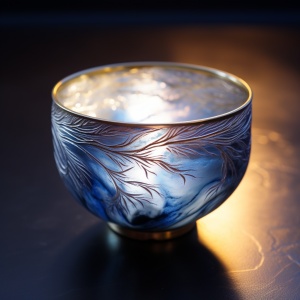 中国茶盏银蓝色扎染，星河杯体，内发光特写真实光线