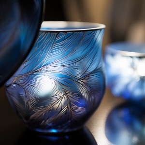中国花瓶，银蓝色扎染，星河杯体，内发光，特写，真实光线