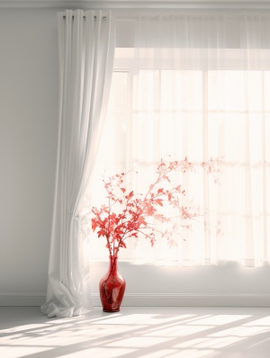 一个中国红的窗帘在一个白色的卧室的窗户上，在照片般逼真的细节风格，米色，32K超高清，卡尔克莱纳，极简主义的黑白，透明半透明介质，宁静的宁静。