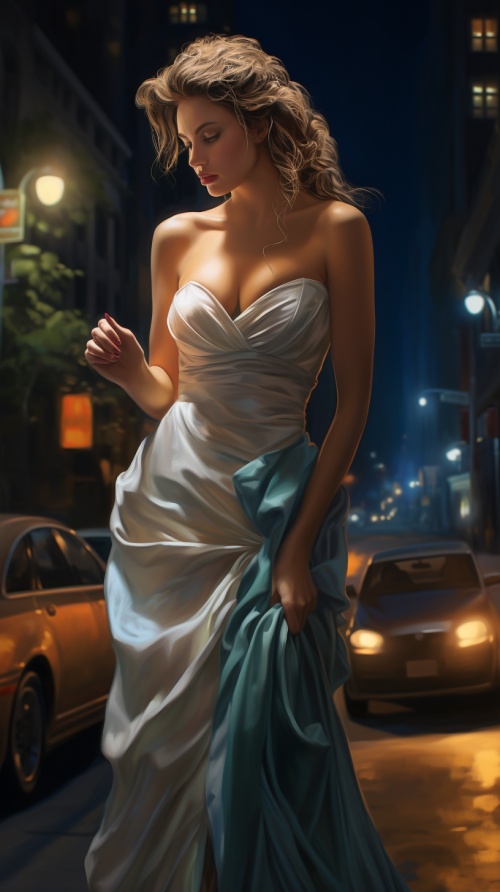 十年，深夜城市街景，一个穿着露肩晚礼服的女孩，转身离开，遗憾， v 6 ar 9:16