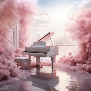 粉色的水面上，一架白色的钢琴，梦幻，大师作品，唯美，