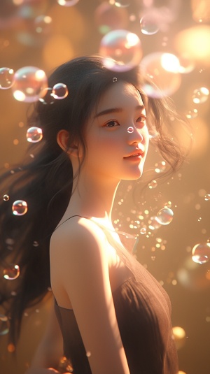 woman standing in the air with many bubbles and looking at the camera.
