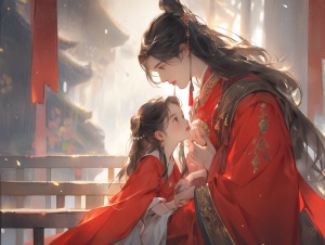 一个美丽的中国古风公主，身穿红色宫妆，精致，身边站着了一个八岁的小男孩，古风，身后面是宫殿，身体后面散发着萤火光，氛围感，朦胧感，高清画作，电影画质