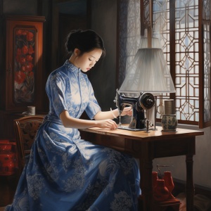 穿蓝色旗袍的女孩在明亮房间里缝纫机边做针线活