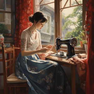 明亮的窗户边，坐着个小娃娃，穿蓝点旗袍的少妇坐在在缝纫机边做针线活