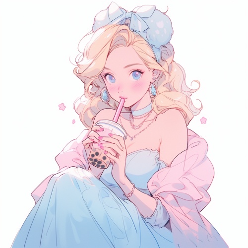 迪士尼公主风格，浅蓝粉色衣服美女，在游乐场，喝奶茶，单人