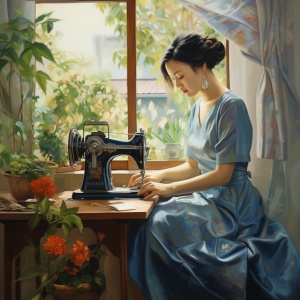明亮窗前，少妇缝纫机旁的花草绿意