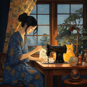 明亮的窗边趴只小黄色的猫，一个穿着深兰色旗袍的少妇在缝纫机上做针线