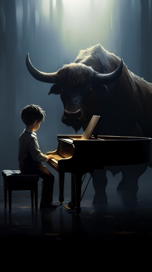 男生坐姿弹钢琴，面对黑色水牛