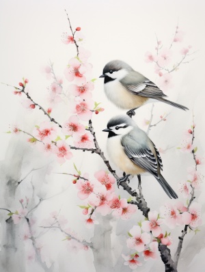 描绘鸟和梅花的坦率安静水墨画