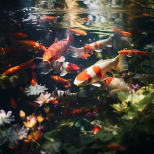 许多锦鲤鱼在池塘里游泳，风格如理光gr iii，高桥留美子，与普罗维亚合影，橙色和绿色，黛比·弗莱明咖啡，街头艺术情感，自然现象