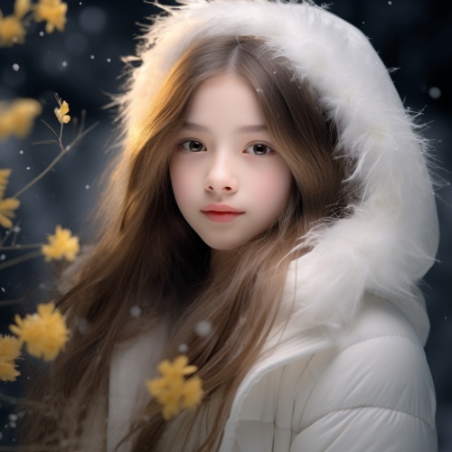 美丽少女身穿白色皮毛对着镜头摆造型，小飞月风格，浅灰黄色，雪景，发光质量，32k超高清，精致花朵，表情五官