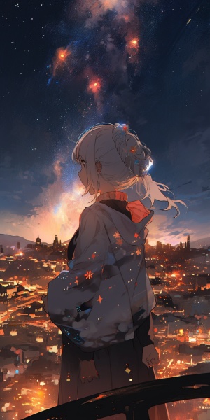 火焰中的白发麻花辫少女眺望星空城市