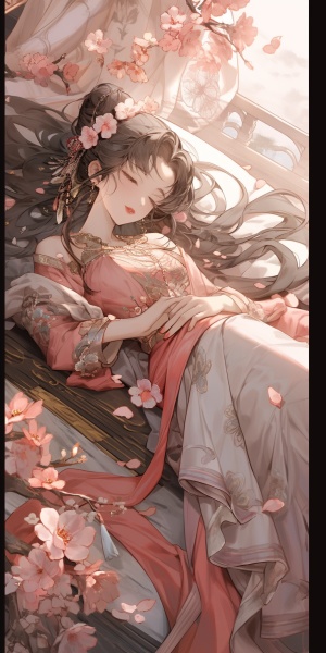 杨紫悦在躺着。躺在公主床上。她是公主。旁边还有樱花。