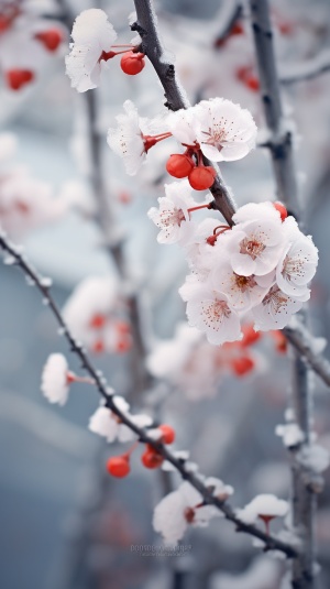 中国风小院的墙角，开了几枝梅花，冒着严寒，在雪中盛开。花瓣洁白如雪，隐隐传来阵阵的香气。高清，真实摄影，画面唯美，大师级