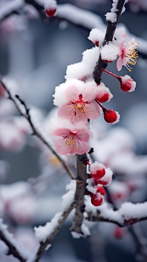 中国风小院的墙角，梅花在雪中盛开
