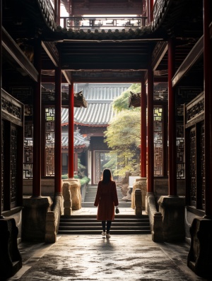 女士进入中国上海的一座古建筑，采用理光ff-9d风格，古典景观，全景比例，清治 ō tssuji，栗色和棕色，禅宗书法，cinestill 50d
