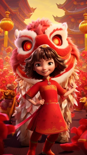 Chinese Little Girl and Animated Lion Dance Celebrating Spring Festival
