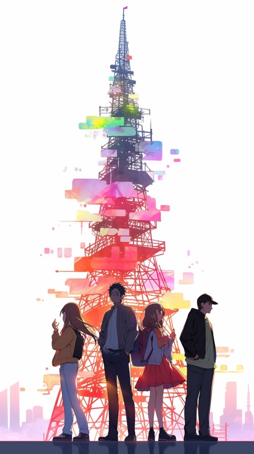 三个人，两男一女，男为少年，女为青年，他们站在一起，三人的面前是一栋矗立在城市的高塔，高塔充满科技风格，三人皆为背影