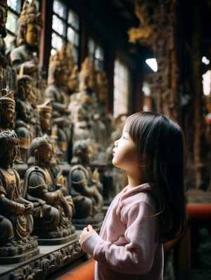 敬，笔触智慧：古老寺院中的女孩与历史与智慧的共鸣