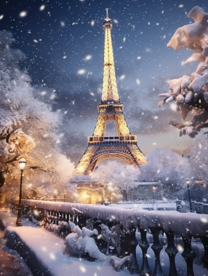 巴黎古建筑中间有一个金色的高塔，满地雪白的雪，半空还飘着雪花