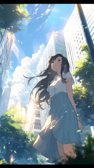现代 二次元 动漫 一个仰望天空的美女，浅蓝色的天空，细碎的阳光穿过女孩的发间，背景有建筑有树木