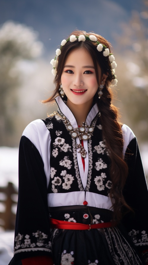 一个中国女孩，丽江纳西族，20岁，民族服装，丽江玉龙雪山田园场景，腼腆微笑看着镜头，照片风格，全身照。超真实画面